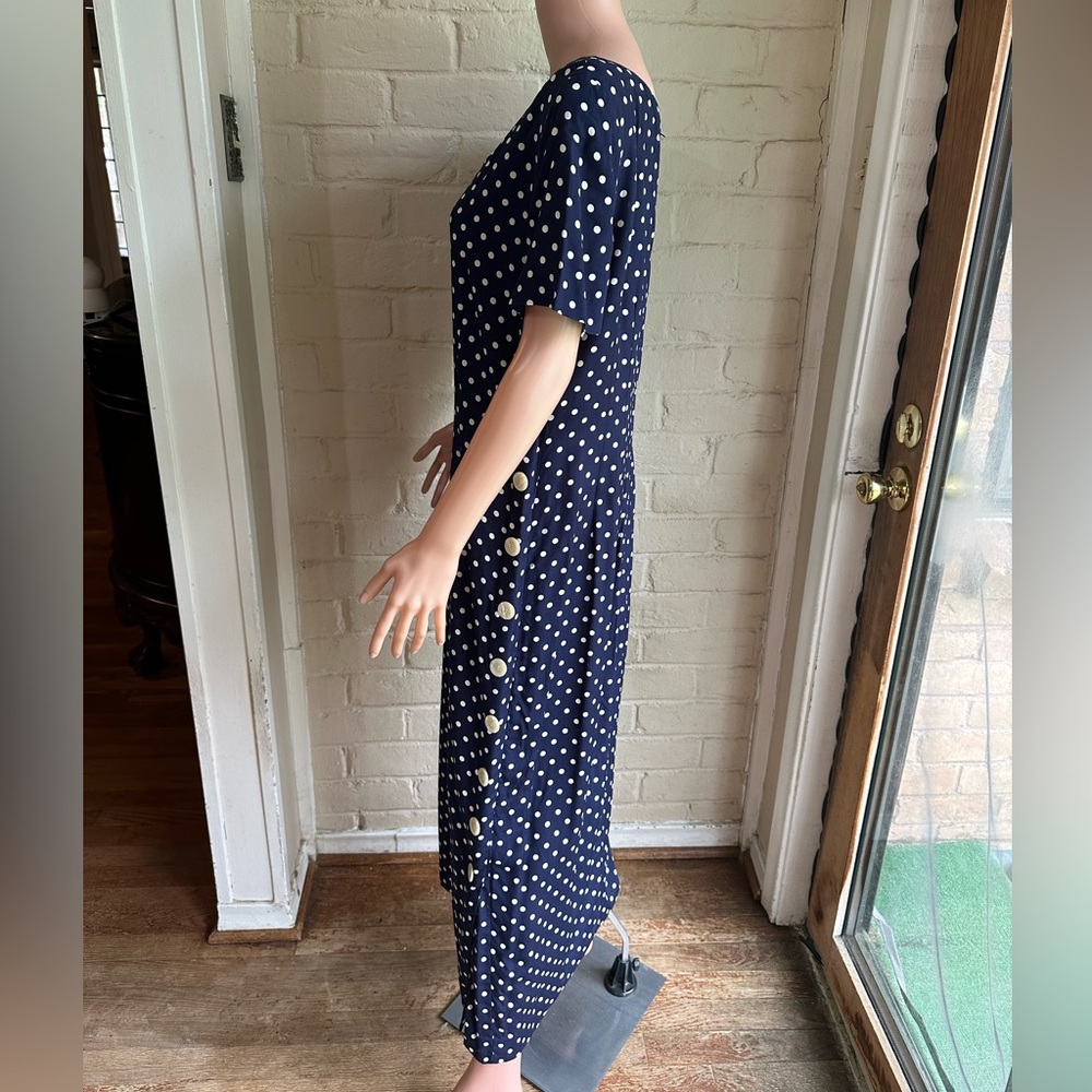 Maggy London dark navy blue and white polka dotted vintage dress size 16 - Picture 3 of 16